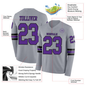 Custom Gray Purple-Black Long Sleeve Authentic Football Jersey