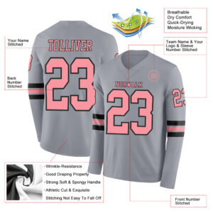 Custom Gray Medium Pink-Black Long Sleeve Authentic Football Jersey