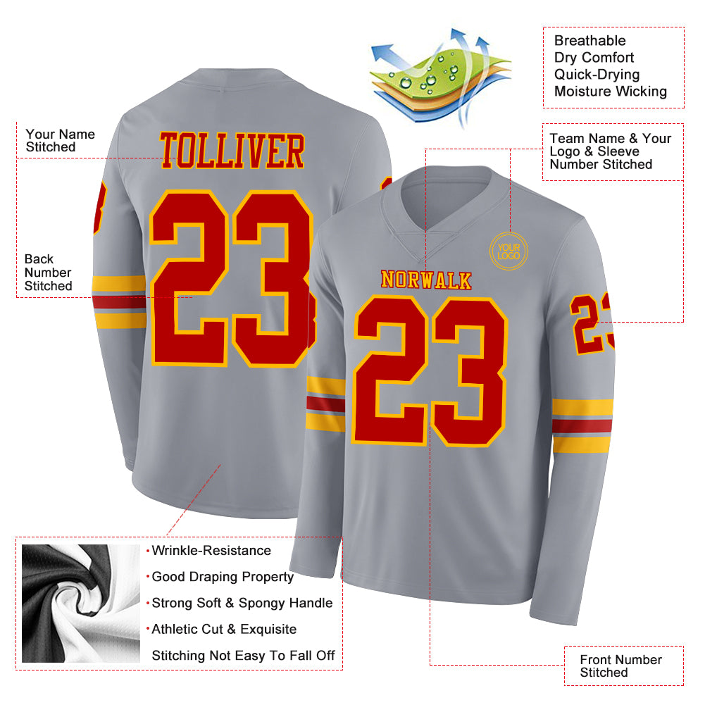 Custom Gray Red-Gold Long Sleeve Authentic Football Jersey