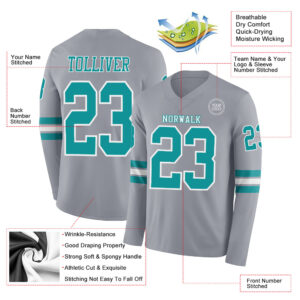 Custom Gray Teal-White Long Sleeve Authentic Football Jersey