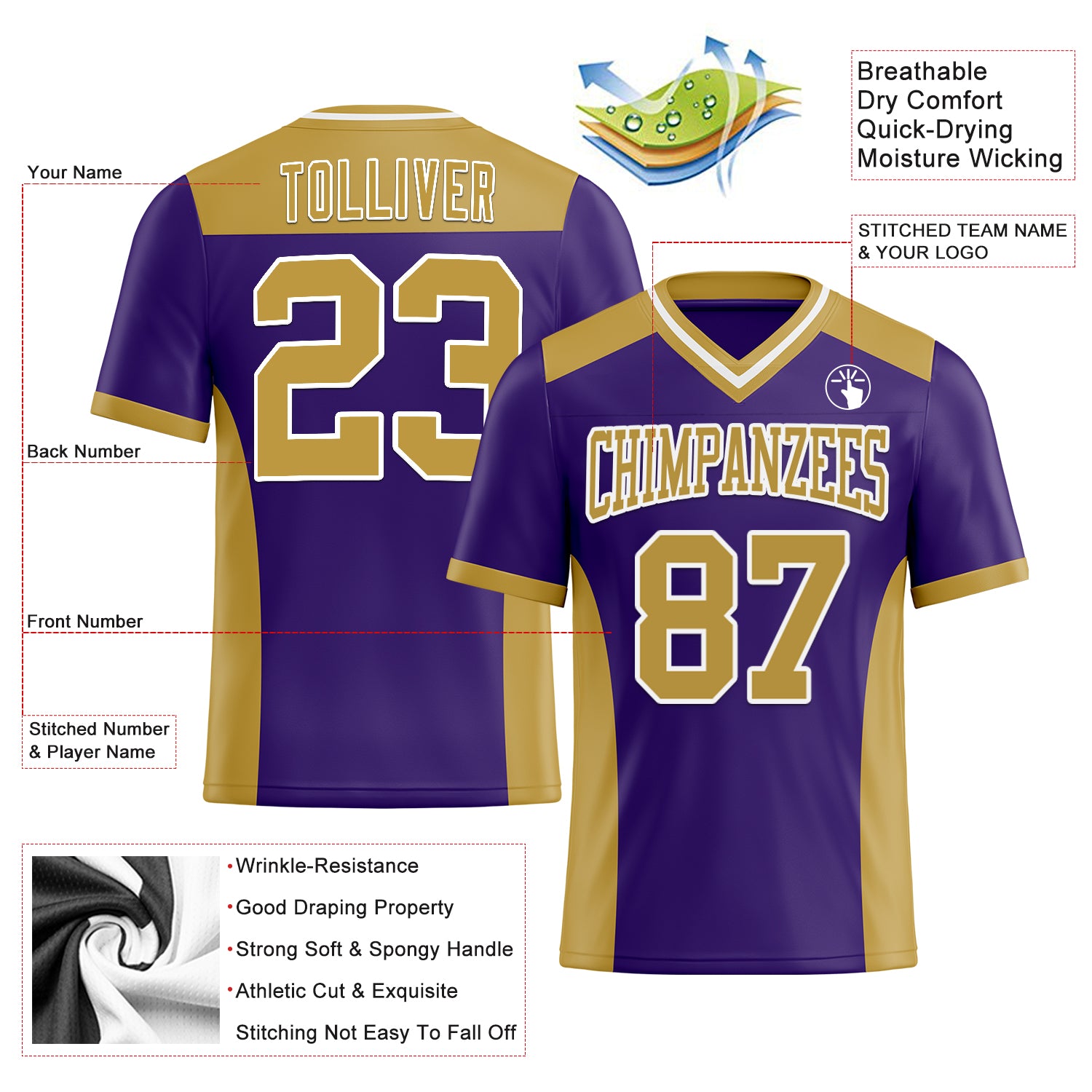 Custom Purple Old Gold-White Authentic Football Jersey - Image 3