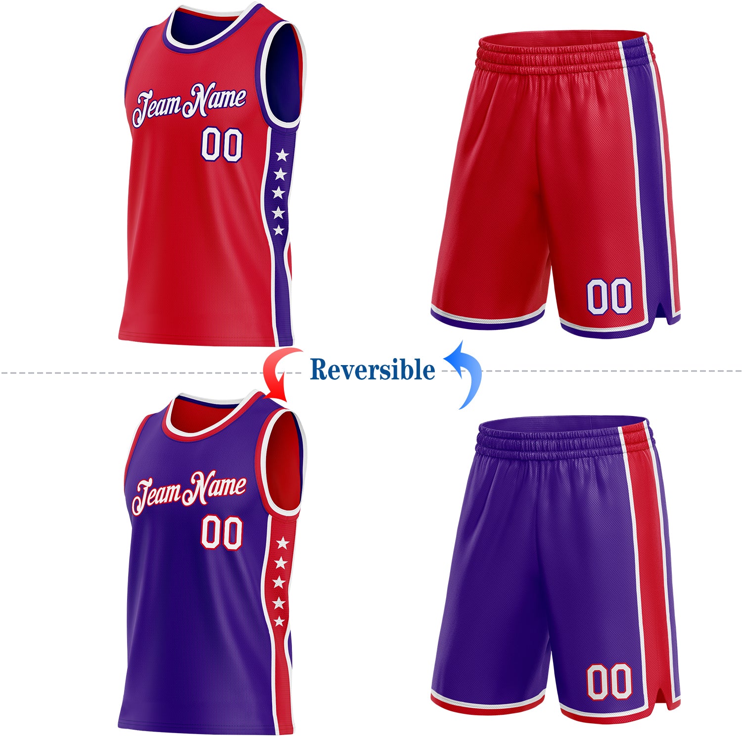Custom Reversible Red White-Purple Double Side Star Sublimation Basketball Suit Jersey - Image 2