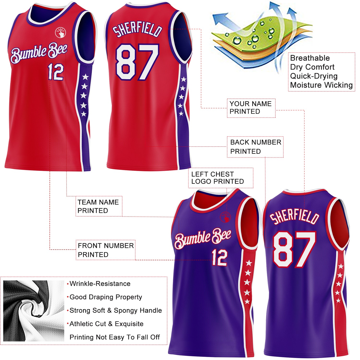 Custom Reversible Red White-Purple Double Side Star Sublimation Basketball Suit Jersey - Image 5