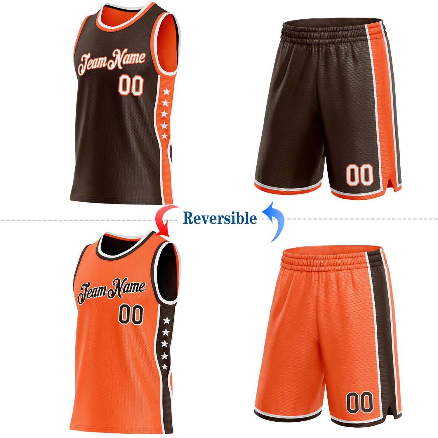 Custom Reversible Brown White-Orange Double Side Star Sublimation Basketball Suit Jersey - Image 2