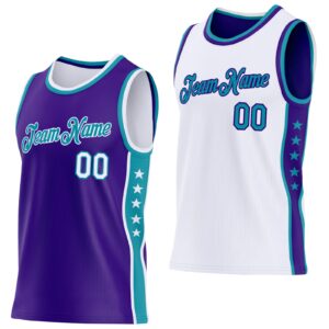 Custom Reversible Purple White-Teal Double Side Star Sublimation Basketball Suit Jersey