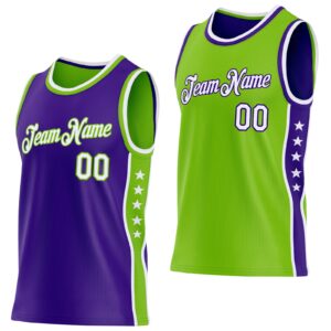 Custom Reversible Purple White-Neon Green Double Side Star Sublimation Basketball Suit Jersey