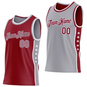 Custom Reversible Crimson Gray-White Double Side Star Sublimation Basketball Suit Jersey