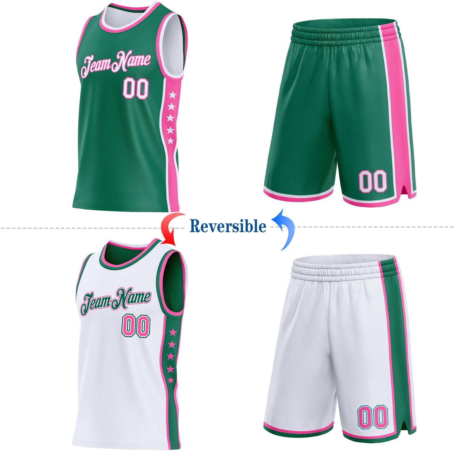 Custom Reversible Kelly Green White-Pink Double Side Star Sublimation Basketball Suit Jersey - Image 2
