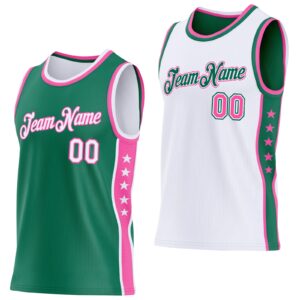Custom Reversible Kelly Green White-Pink Double Side Star Sublimation Basketball Suit Jersey