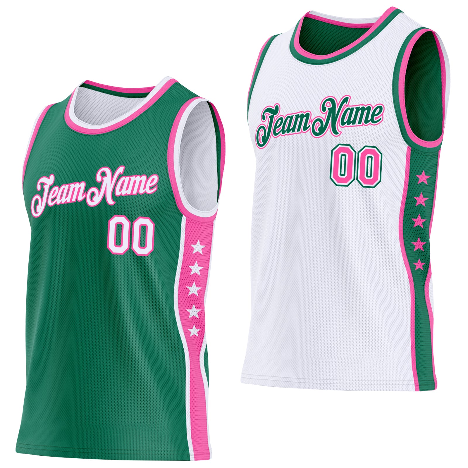 Custom Reversible Kelly Green White-Pink Double Side Star Sublimation Basketball Suit Jersey