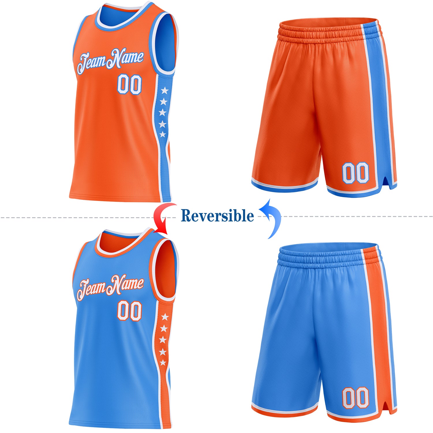 Custom Reversible Orange White-Powder Blue Double Side Star Sublimation Basketball Suit Jersey - Image 2