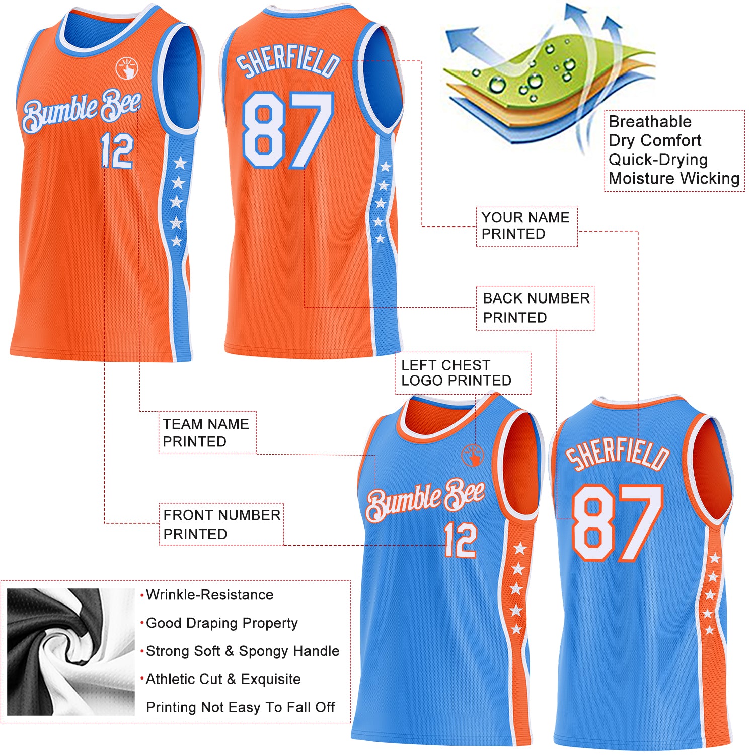 Custom Reversible Orange White-Powder Blue Double Side Star Sublimation Basketball Suit Jersey - Image 5