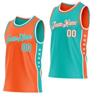 Custom Reversible Orange Aqua-White Double Side Star Sublimation Basketball Suit Jersey