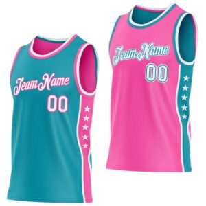 Custom Reversible Teal White-Pink Double Side Star Sublimation Basketball Suit Jersey