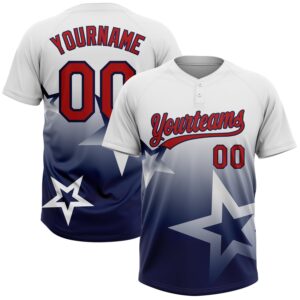 Custom White Red-Navy Gradient Style Twinkle Star Two-Button Unisex Softball Jersey