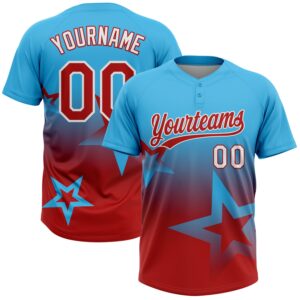 Custom Sky Blue Red-White Gradient Style Twinkle Star Two-Button Unisex Softball Jersey