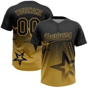 Custom Black Old Gold Gradient Style Twinkle Star Two-Button Unisex Softball Jersey