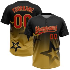 Custom Black Red-Old Gold Gradient Style Twinkle Star Two-Button Unisex Softball Jersey