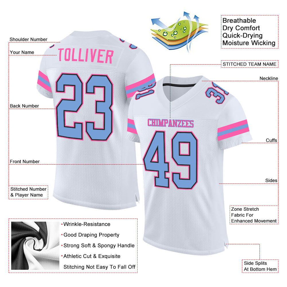 Custom White Light Blue-Pink Mesh Authentic Football Jersey - Image 2