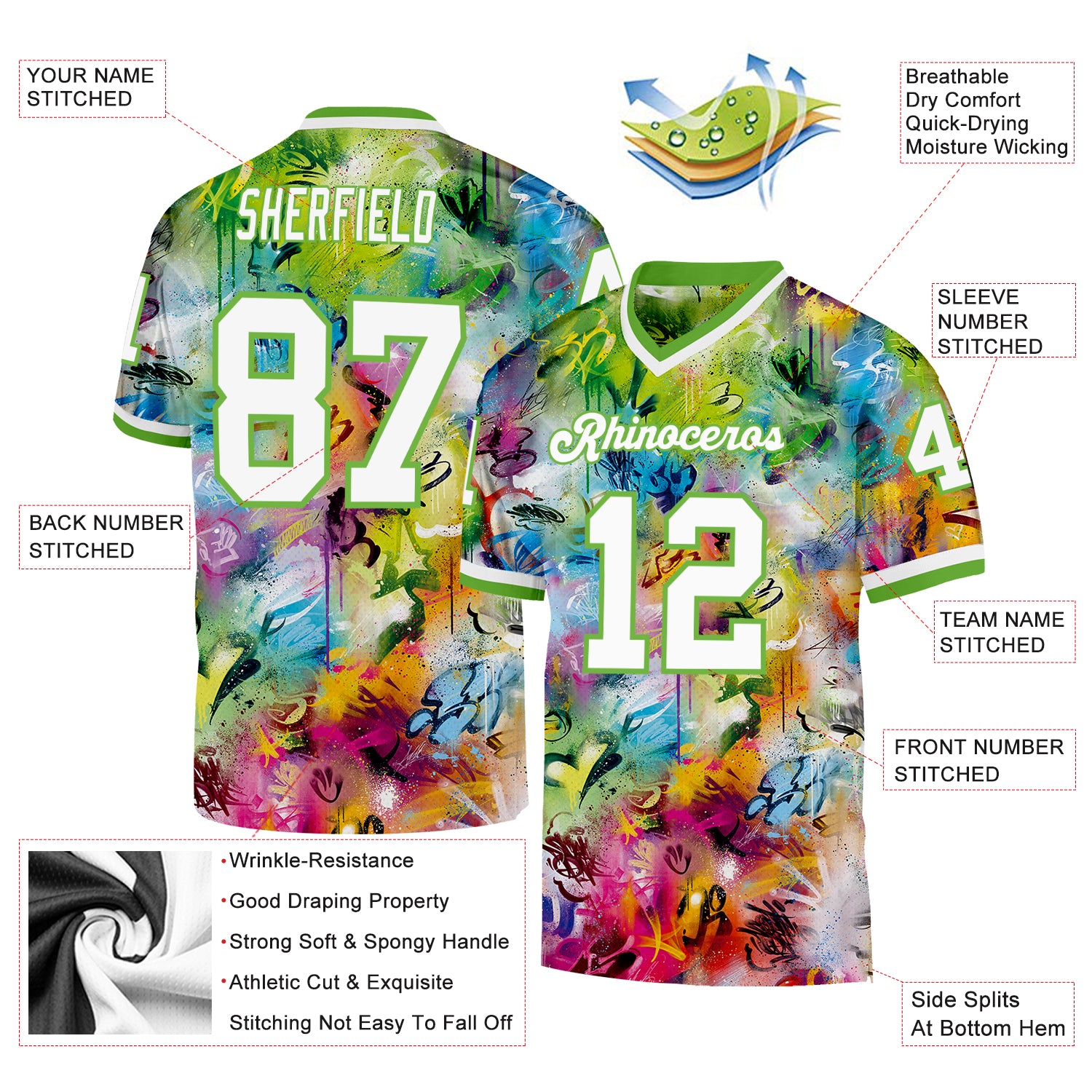 Custom Graffiti Pattern White-Neon Green 3D Authentic Throwback Football Jersey - Image 3